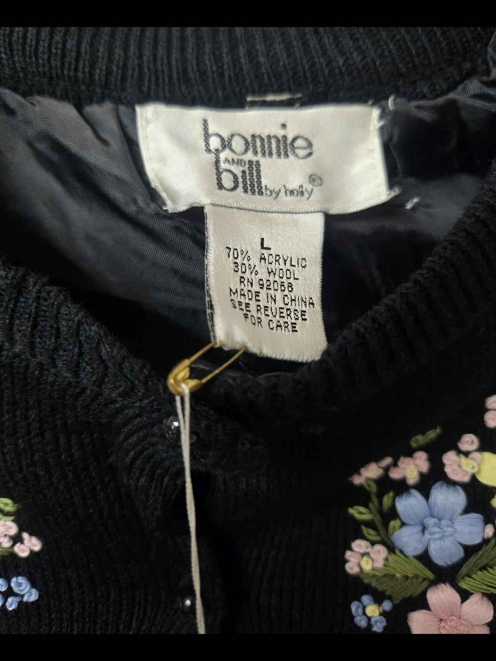 VTG Bonnie & Bill Floral Embroidery Cardigan Large Knit Black Cottagecore Boho